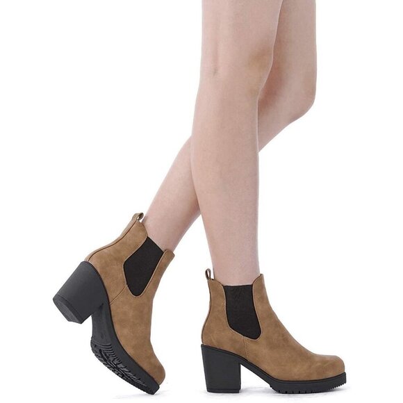 DREAM PAIRS Women's High Chunky Heel Camel Faux Leather Ankle Boots - Picture 5 of 8
